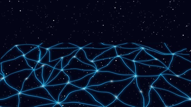Cosmic network grid pattern with space stars background. Connected lines background for advanced digital satellite communications web. Digital network pattern animation for physics.