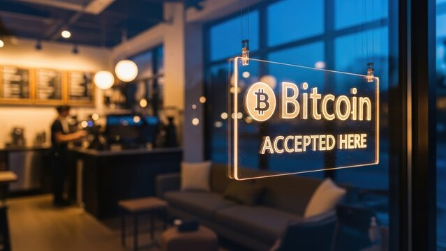 Glowing "Bitcoin Accepted Here" sign on a shop window at dusk.