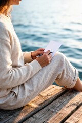 Obraz premium Woman writing note on wooden dock by calm sea at warm golden hour light