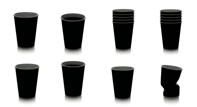 Matte black disposable coffee cup mockup set isolated on white