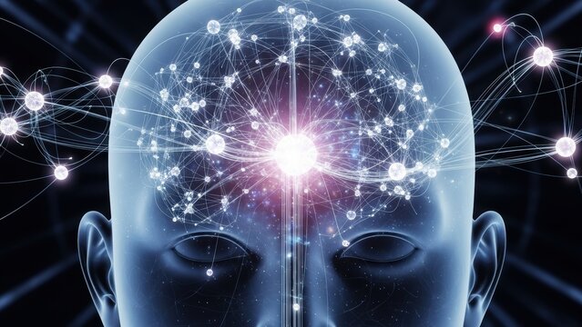 Neural network inside a transparent human head, frontal view.