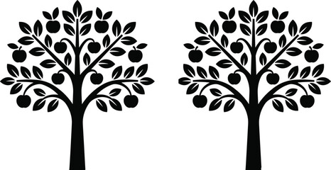 Two Black Silhouette Apple Trees with Fruits and Leaves Isolated on White Background Vector Illustration © MdAsikul