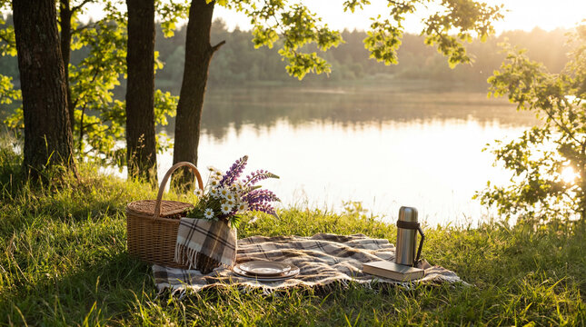 Picnic Basket and Blanket by a Calm Lakeside at Sunset with Flowers and Drinks