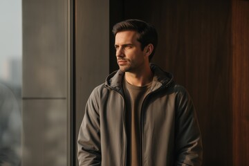 Fototapeta premium Man looking out window wearing a jacket near glass and wood backdrop in soft light