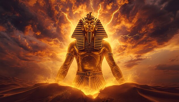 Ancient Egypt god king statue glowing in a cataclysmic dust storm background
