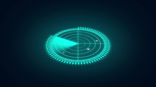 Teal radar screen with futuristic depth perspective lines. Radar screen symbol for advanced cockpit target sonar display. Digital radar screen animation for technology interface.
