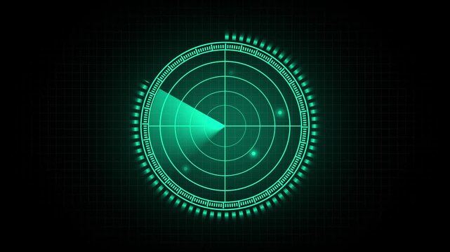 Green radar screen with tracking grid data overlay. Radar screen symbol for aviation tracking navigation sonar display. Digital radar screen animation for technology interface.