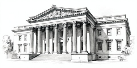 Naklejka na ściany i meble Pencil sketch shows grand neoclassical building facade with Ionic columns, triangular pediment. Detailed illustration of historical architecture, symmetry, perspective, evoking sense of timeless