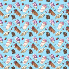 Naklejka premium Cute seamless hand drawn ice cream dessert pattern with milkshakes, popsicles, waffle cones, chocolate bars, strawberries and cherries on blue background. Kawaii style illustration for ice cream kiosk