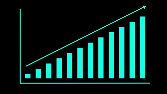 Rising Trend: A cyan bar chart illustrates a consistent upward trend with an arrow pointing towards growth, symbolizing progress and success on a black background.
