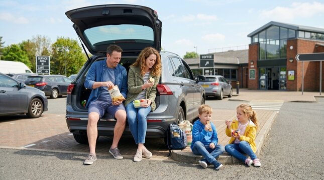 Family having a picnic break at a service station, with car and building in background