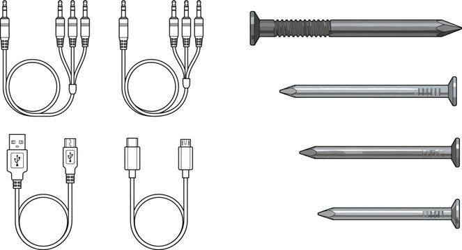 Vector collection of electronic connection cables including USB type C and audio jacks alongside industrial metal steel nails for hardware design