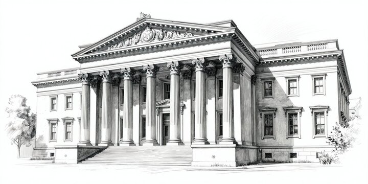 Pencil sketch shows grand neoclassical building facade with Ionic columns, triangular pediment. Detailed illustration of historical architecture, symmetry, perspective, evoking sense of timeless