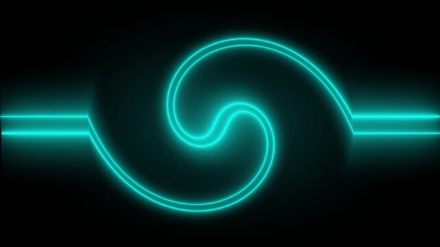 Cyan neon swirl with horizontal lines on black. Abstract swirl pattern for modern technology product presentation backdrop. Abstract neon swirl animation for creative design.