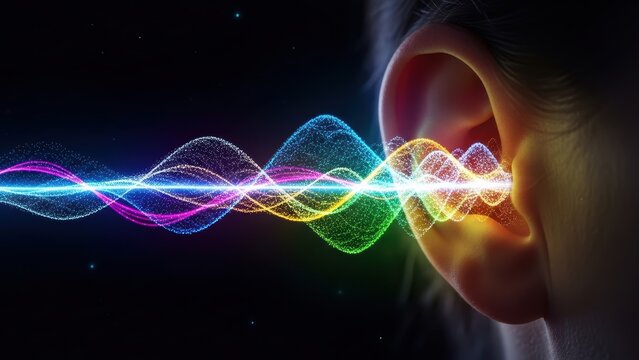 Abstract visualization of a multicolored sound wave and an ear.