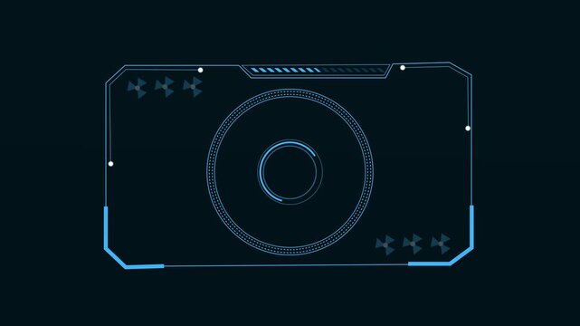 Blue futuristic HUD display with circular graphics panel. Technology dashboard symbol for spaceship navigation telemetry control. Digital HUD animation for computer monitoring interface.
