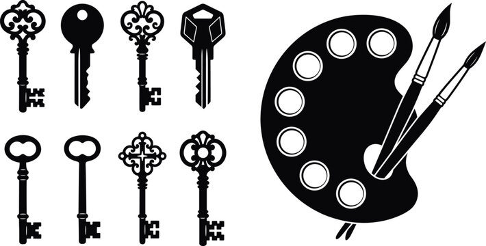 Vintage and Modern Key Silhouettes Collection with Artist Palette and Paint Brushes on White Background