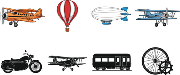 Vintage Retro Transportation Collection with Biplane Hot Air Balloon Zeppelin Motorcycle and Train © MdAsikul