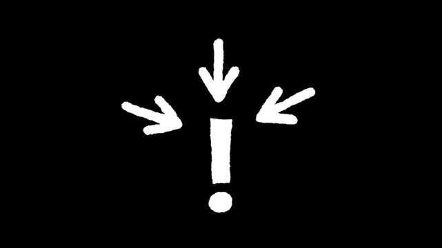 Hand-drawn Exclamation Mark: Three white arrows converge on a hand-drawn exclamation mark set against a stark black background, symbolizing focus, urgency, or importance.