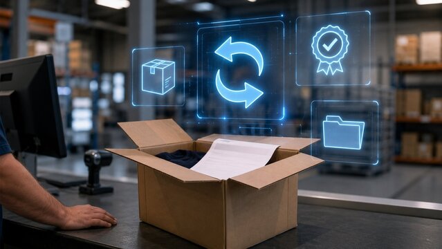 Return package processing workflow hologram for warehouse reverse logistics