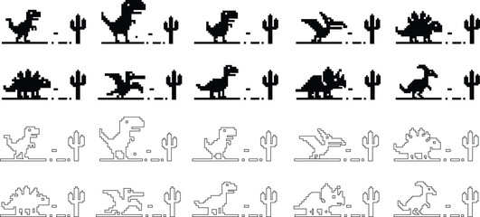 Dinosaur pixel icons set retro game style vector silhouettes and outline illustrations, prehistoric animals, desert cactus scene, isolated design element collection group © WaQar