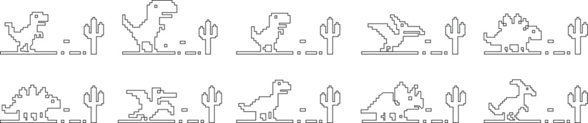 Dinosaur pixel icons set retro game style vector silhouettes and outline illustrations, prehistoric animals, desert cactus scene, isolated design element collection group © WaQar
