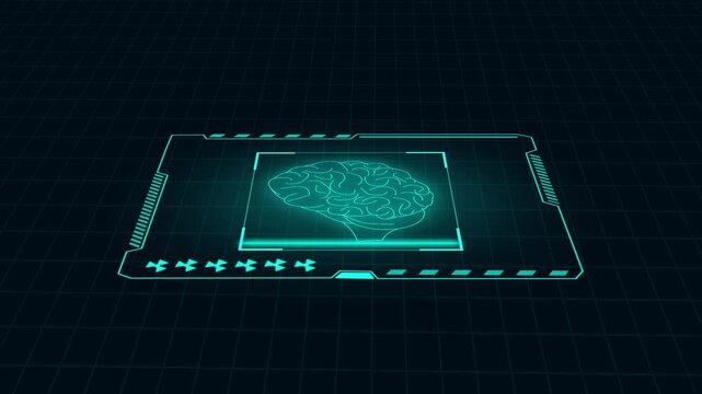 Cyan futuristic HUD frame with digital brain graphic. Artificial intelligence head symbol for deep machine learning monitor. Digital HUD frame animation for neural network tech.
