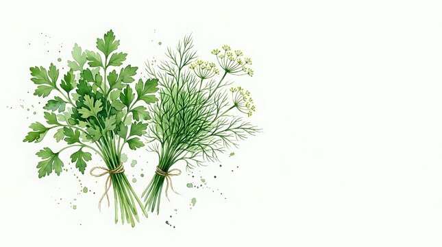 Watercolor bouquet of fresh parsley and dill tied with twine, isolated on white background, for culinary, kitchen decor, and packaging design.
