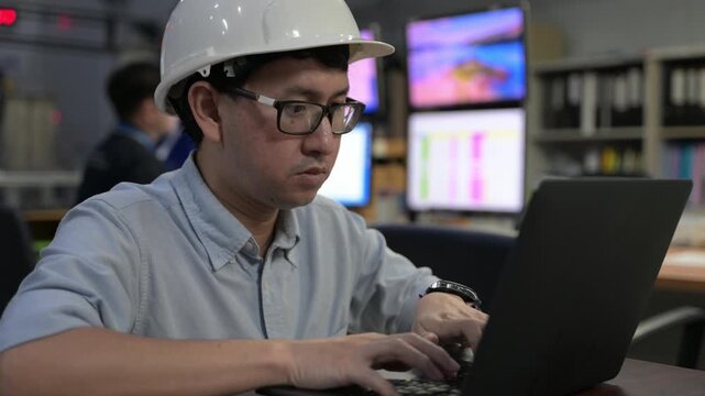 Asian male engineer wearing hardhat coding on laptop in industrial office. Professional technician developer working on software programming for manufacturing automation and factory system.