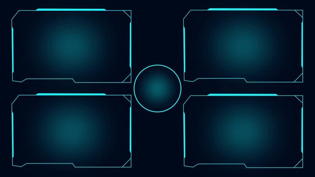 Four futuristic HUD interface frames with center circle. Technology panel symbol for industrial automation monitor dashboard. Digital HUD frame animation for cockpit instrument panels.