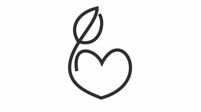 Eco heart leaf line art icon with minimalist environmental care in continuous line drawing cartoon animation isolated on an alpha channel for nature conservation symbol and sustainable development.