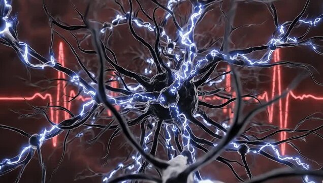 Neural network inside a stressed brain, glowing electrical impulses firing rapidly through dark synapses