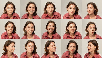 Young woman facial expression grid in red striped shirt with different moods and reactions. Concept...