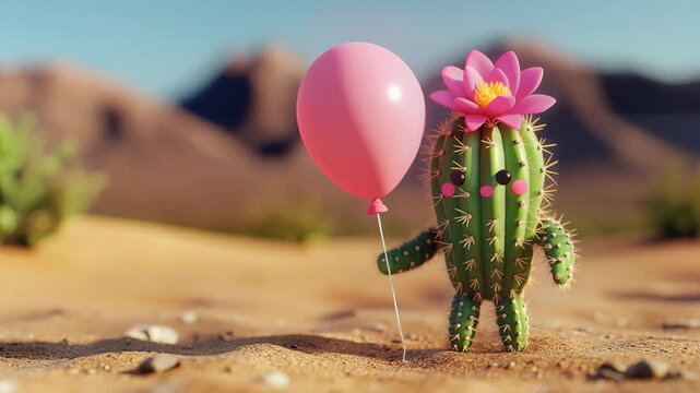 Adorable anthropomorphic cactus character with floral bloom, holding a pink balloon, slowly swaying in a whimsical desert landscape, symbolizing resilience, joy, and simple pleasures in challenging