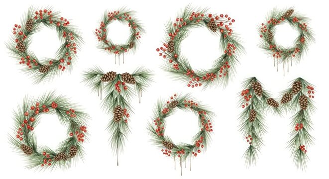 Watercolor Christmas wreaths and pine swags with red berries
