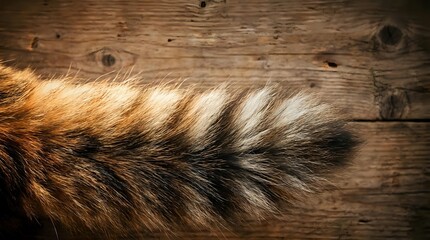 Obraz premium Fluffy fox tail with brown, black, and white fur lying on a rustic wooden surface, showcasing natural animal texture and detail.