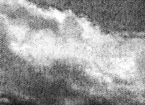Extreme macro of black printer halftone dots forming a bright cloud band across a darker sky field, with soft tonal shading, isolated on a transparent background