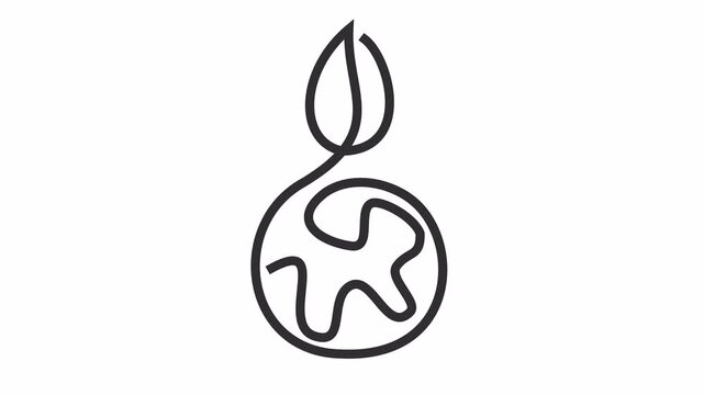 Eco Earth leaf line art icon with minimalist sustainable globe in continuous line drawing cartoon animation isolated on an alpha channel for environmental conservation element concept.