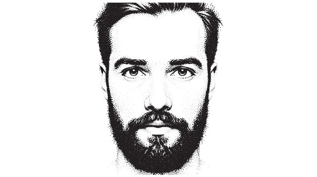 Bearded man dot art portrait with grunge halftone texture and ink splatter background, creative stencil style for modern design