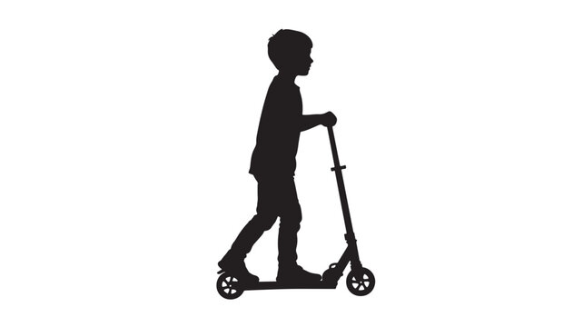 Child riding kick scooter silhouette with dynamic pose and wheels visible featuring transportation, toy, outdoor with activity and kid elements for