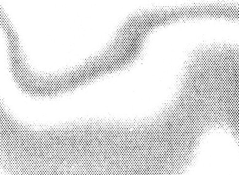 Extreme macro of printed black halftone dots forming a flowing wavy ribbon, curve; when squinting it suggests a serpentine wave or smoke trail. Transparent PNG with alpha channel.