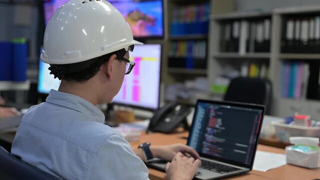 Asian male engineer wearing hardhat coding on laptop in industrial office. Professional technician developer working on software programming for manufacturing automation and factory system.