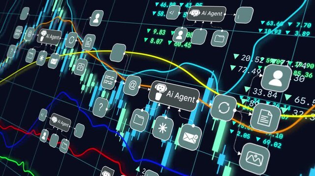 AI agent artificial intelligence stock market analysis smart trading strategy, financial investment, business growth portfolio, and futuristic automated economic concept