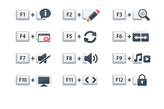 Computer Keyboard Function Keys F1 to F12 Shortcut Icons Set for System Controls, Commands Layout, Input Hardware, Software Navigation, Multimedia, Volume, Search, Refresh, and Display Settings.