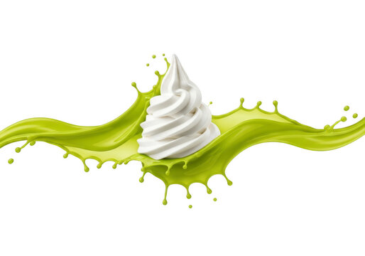 Soft serve ice cream swirl with green liquid splashing around it on white background  frozen dessert and vibrant colorful fluid motion transparent background