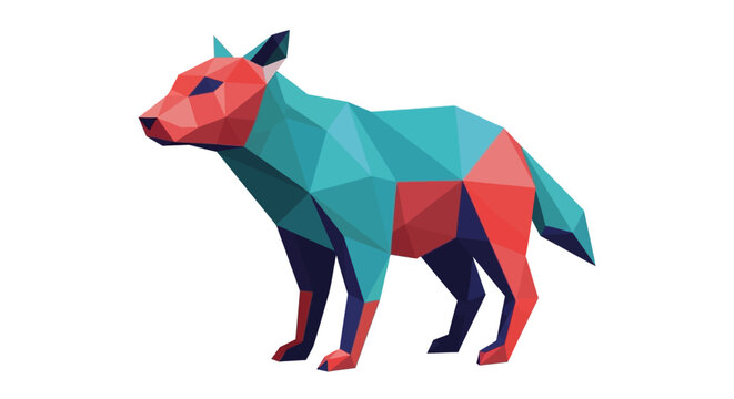 Geometric wolf illustration with red and teal facets, standing on four legs
