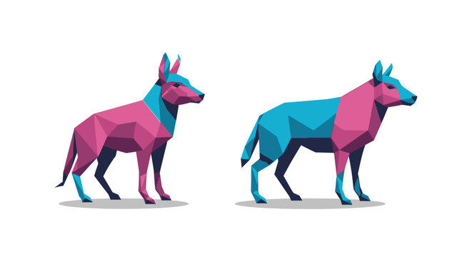 Modern low poly vector illustrations of two stylized canine animals, featuring a dynamic geometric design in vibrant pink and blue hues on a pristine white background