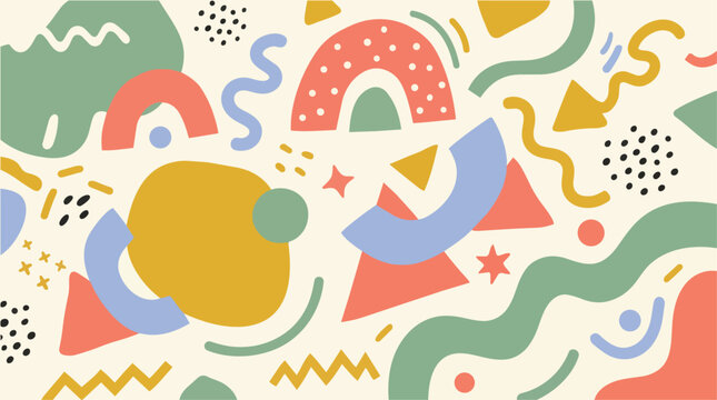 Vibrant shapes and colorful patterns create a lively abstract art composition indoors