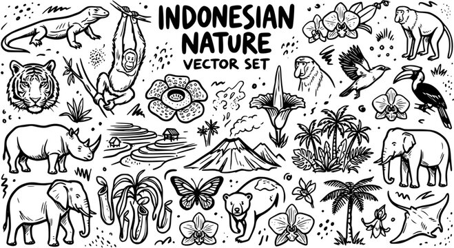 Indonesian Nature Doodle Vector Set: Hand-drawn Black  White Line Art Collection of Tropical Animals, Plants, Wildlife  Landscapes for Travel.