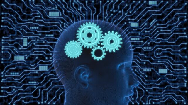 Human head with gear circuit showing artificial intelligence thinking, brain algorithm logic, machine learning automation, cognitive system, and futuristic neural network concept